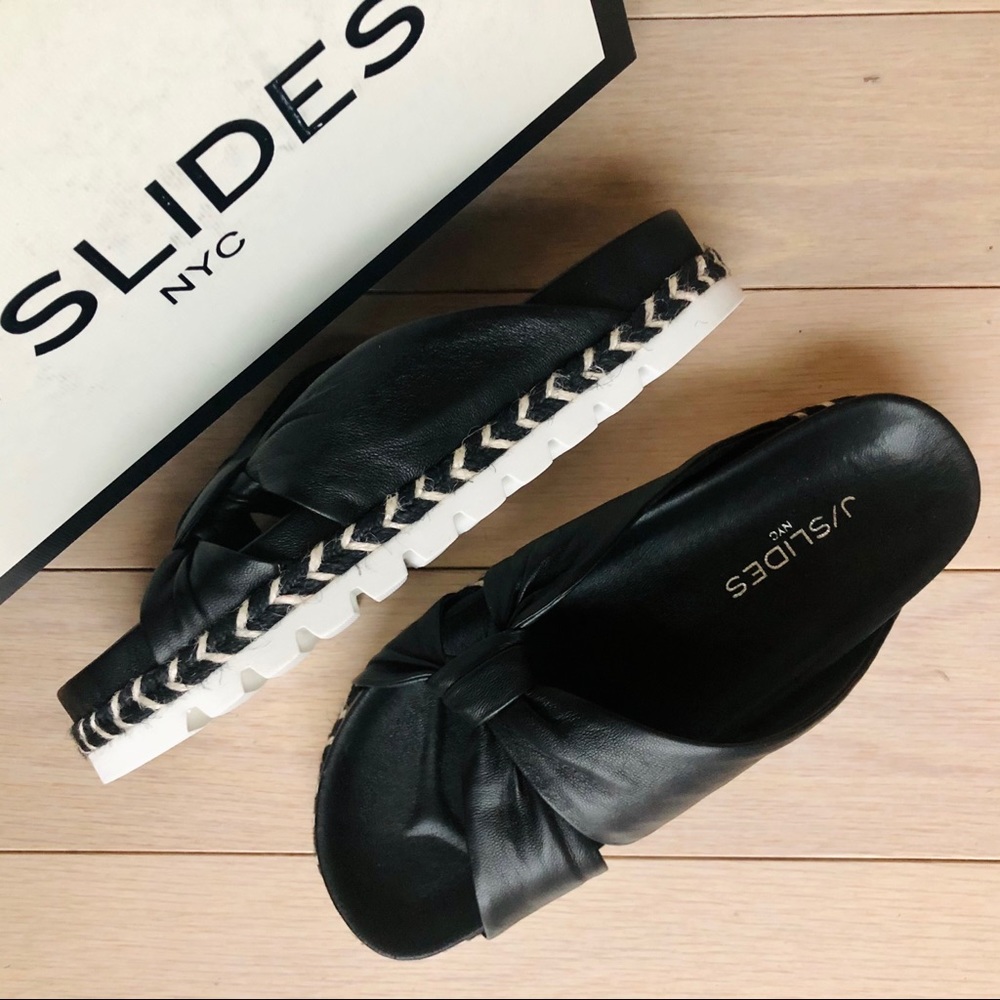 J/SLIDES Lilia Leather Knot Black Platform Sandals